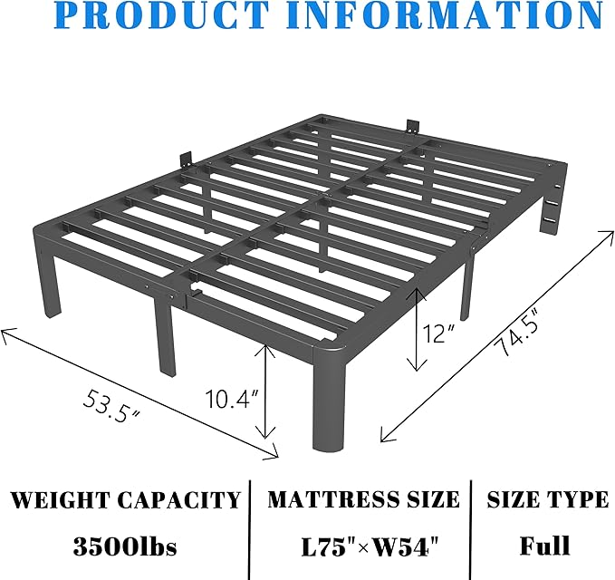 12 Inch Black Full Size Bed Frame with Baffles, Metal Full Bed Frame No Box Spring Need, Heavy Duty Steel Platform Support, Reserved Holes, Round Corner Legs, Storage Space, Noiseless