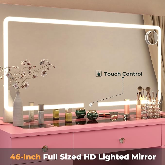 Vanity Mirror with Lights, Vanity with Lighted Mirror, 11 Drawers Makeup Vanity Desk with 3 Lighting Modes Adjustable Brightness, Pink Vanity with Glass Top for Bedroom