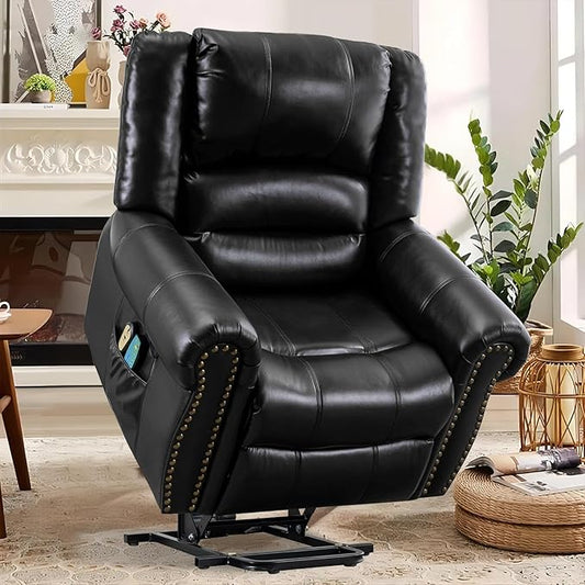 MEETWARM Large Power Lift Electric Recliner Chair for Elderly with Massage and Heat, Overstuffed Wide Recliner, Heavy Duty Sofa for Living Room with 2 Remote Control/USB Ports/Side Pockets(Black)