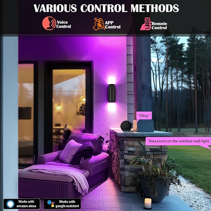 RGB Outdoor Wall Light Fixtures, Smart Cylinder Exterior Lighting Fixtures Wall Mount, Color Changing Up Down Wall Sconce, LED Outdoor Porch Lights for House Front Door Garage