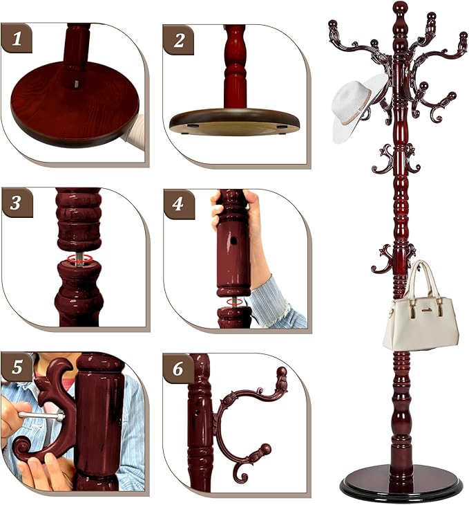 73”Vintage Wooden Coat Rack Freestanding With 14 Hooks and Sturdy Round Base。3-level Adjustable Vintage Wooden Coat Rack.Coat Rack Stand for Living Room Bedroom Office