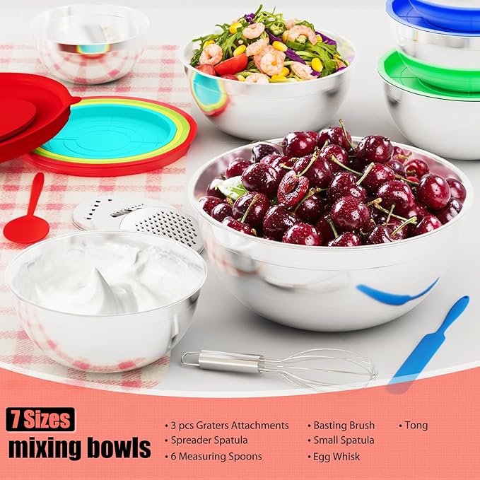 Mixing Bowls with Lids Set, 7 PCS Stainless Steel Mixing Bowls with 3 Grater Attachments, Size 4.5, 4, 3.5, 2.1, 1.5, 1.1, 0.7QT, Ideal for Kitchen Cooking Baking & Serving