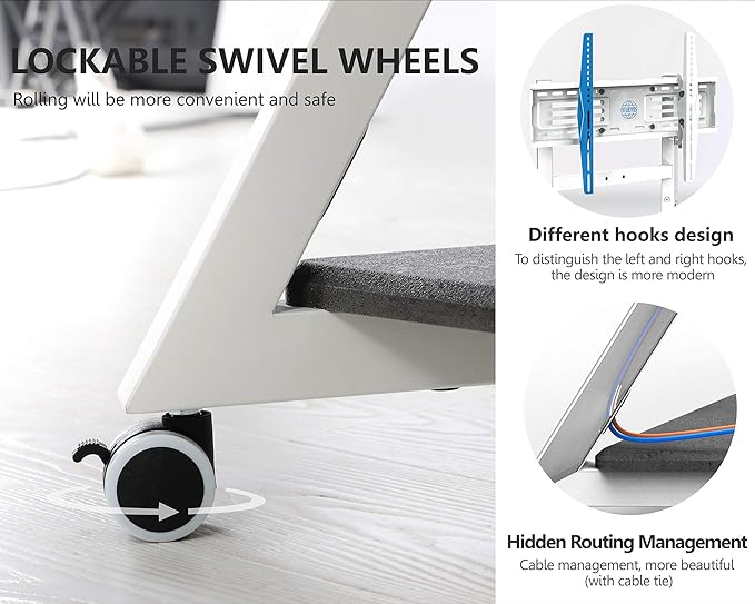 FITUEYES Design Corner TV Stand for 43 50 55 65 75 Inch TV, White TV Cart Floor Stand with Mount for LCD/LED Flat Curved Screens, Modern TV Stand with Wooden Storage Shelves, Eiffel Series