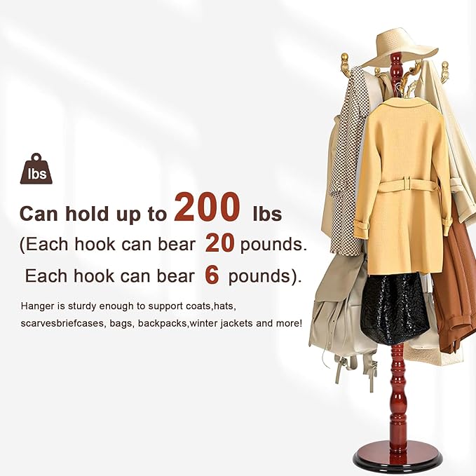 Coat Racks Freestanding, Natural Wood Coat Stands with 14 Hooks, 73" Heavy Duty Adjustable Height Vintage Hall Tree for Entryway, Bedroom, Office, Easy Assembly (Begonia)