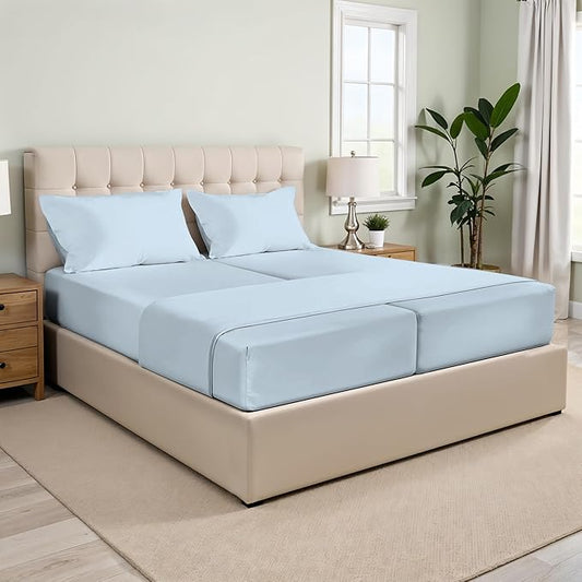 XOOX Linen Split King Sheets Sets for Adjustable Bed - 100% Cotton 500 Thread Count Split Head King Sheets (5 PC, Light Blue), Soft, Cooling Sateen Weave Sleep Number Deep Pocket Bed Sheet Set