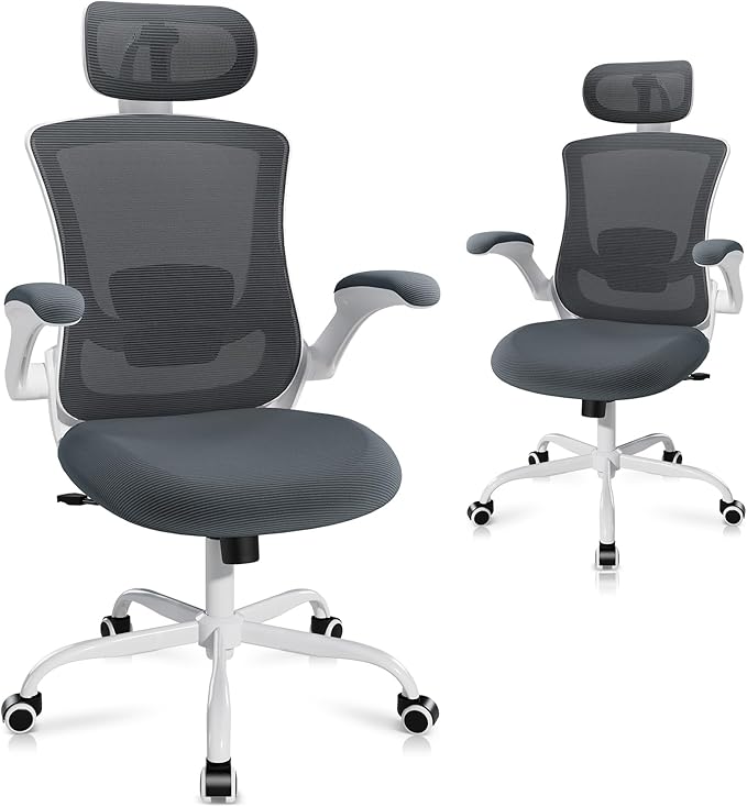 High Back Office Chair with Adjustable Lumbar Support & Headrest, Ergonomic Mesh Desk Chair with Flip-Up Armrests, Breathable & Comfortable Computer Chair for Home, Office & Study, Grey