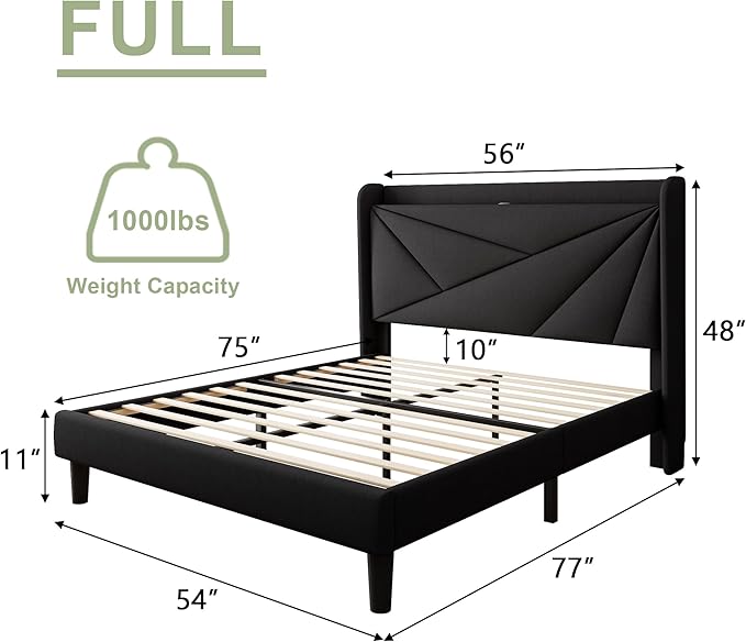 Feonase Full Size Bed Frame with Charging Station, Linen Upholstered Platform Bed Frame with Wingback Storage Headboard, Solid Wood Slats Support, No Box Spring Needed, Noise Free, Black