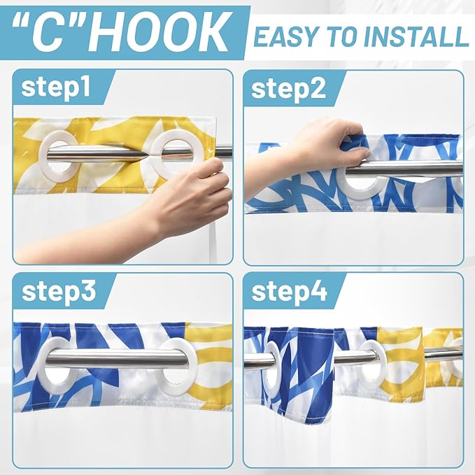 No Hook Shower Curtain with Snap in Liner - Dahlia Floral Shower Curtain - Fabric Waterproof Inner Liner, Plants Yellow Navy Blue Flowers Cloth Shower Curtains - Machine Washable, 71 x 74