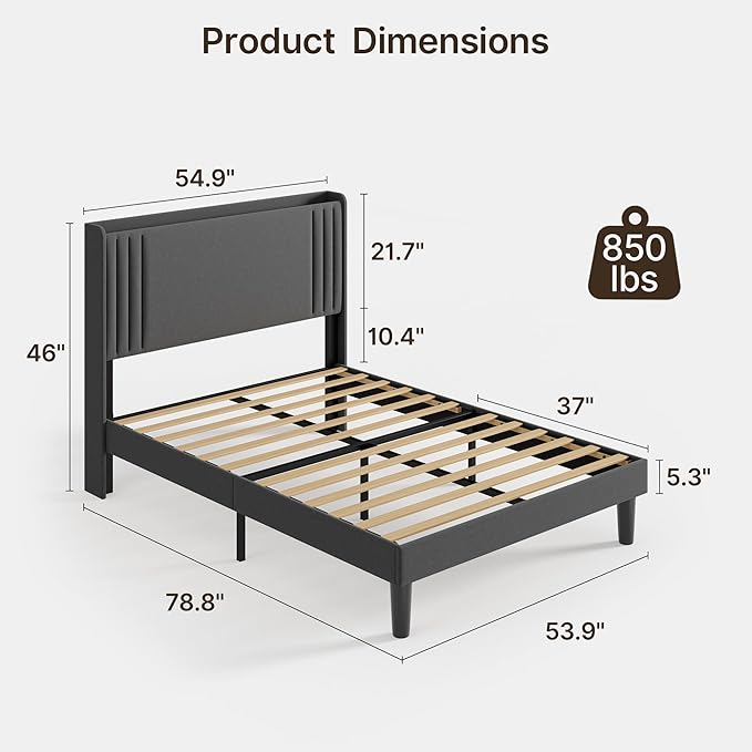 Gizoon Full Bed Frame with Charging Station and LED Lights,Upholstered Wingback Platform Bed with Wooden Slats,Noise-Free,No Box Spring Needed