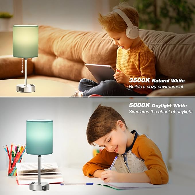 Teal Bedside Lamp for Nightstand - 3 Color Temperature Table Lamp with USB C and A Ports, Pull Chain Lamp for Bedroom with AC Outlet, Coastal Desk Lamp with Silver Metal Base for Kids Girls
