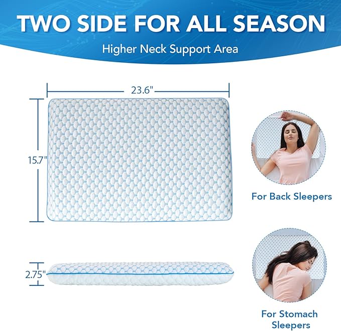 Flat Pillow for Stomach and Back Sleepers, Ultra Thin Pillow for Sleeping, Cooling Gel Slim Stomach Sleeping Pillows for Shoulder Neck Pain Relief, Low Profile Memory Foam Pillows 2.75-inches