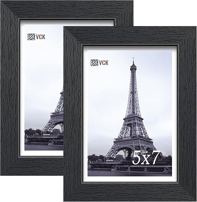 VCK 5x7 Picture Frame, Black Wooden Photo Frames for Wall Hanging Gallery or Tabletop Display, 2 Pack