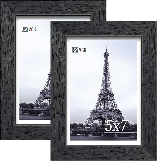 VCK 5x7 Picture Frame, Black Wooden Photo Frames for Wall Hanging Gallery or Tabletop Display, 2 Pack