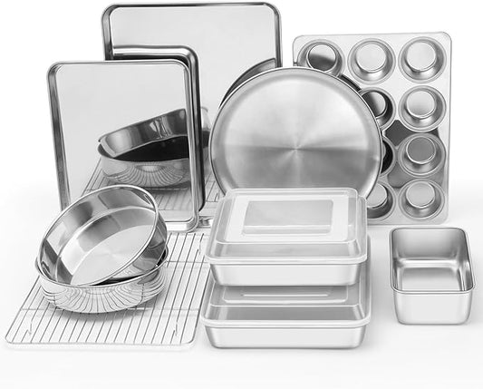 E-far 12-Piece Bakeware Sets, Stainless Steel Baking Pan Set Includes Cookie Sheet, Round Square Rectangle Cake Pans with Lids, Multi-Functional for Loaf Muffin Pizza, Non-toxic & Dishwasher Safe