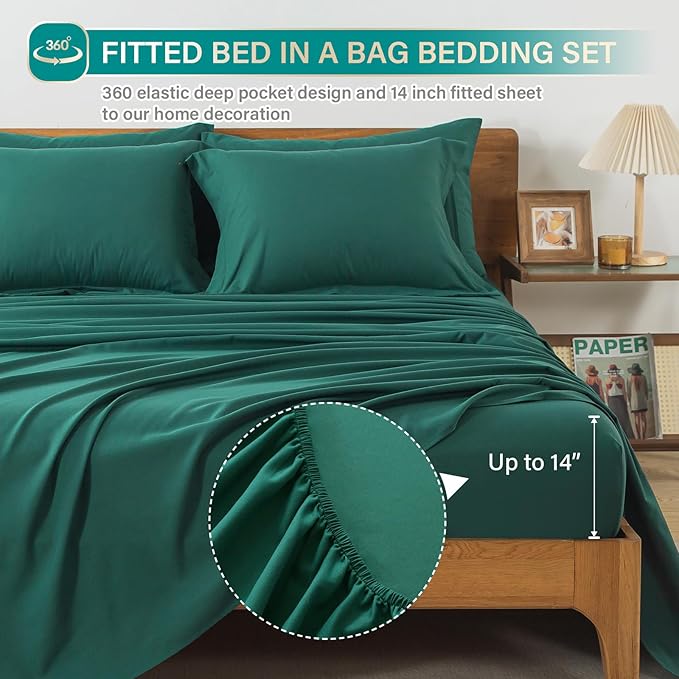Cosybay Bed in a Bag Full Comforter Sets 7pcs All Season Solid Down Alternative Bedding Sets Dark Green with Comforter, Pillow Shams, Flat Sheet, Fitted Sheet and Pillowcases
