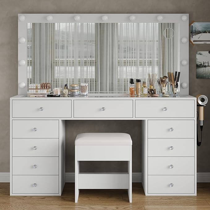 11 Drawers Vanity Desk, 55'' W Makeup Vanity with Power Outlet, Vanity Table with Mirror and 13 LED Bulbs, 3 Color Lighting Modes, Glass Top, Dressing Table for Bedroom