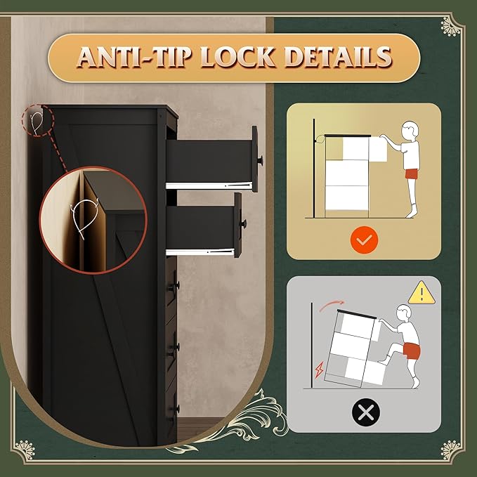 WLIVE Farmhouse 5 Drawer Dresser for Bedroom, Wood Dresser Storage Organizer, Tall Black Dressers with Double Rustic Handle, Chest of Drawers for Living Room, Hallway, Closet