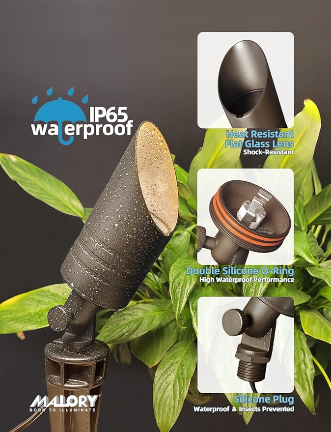 MALORY Brass Landscape Spotlight,12V AC/DC Low Voltage LED Landscape Lighting,Hard Wired Spot Up Light for Garden,Patio and Yard (S05-Bronze, 1-Pack with Bulb)