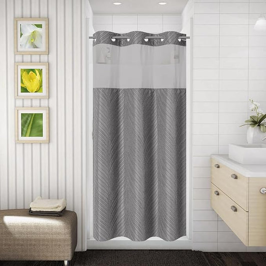 stall no Hook Tufted Shower Curtain with snap in Liner Set, White Waterproof Fabric Inner Liner,Boho Style Shower Curtain with See Through top Window, WarmGrey, 36Wx74H