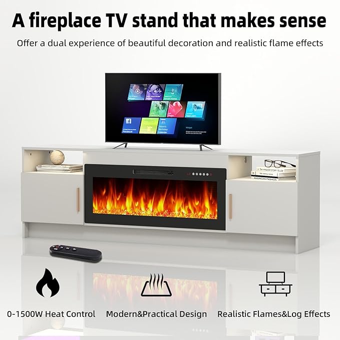 Ludatido 70 Inch TV Stand with 36 inch Electric Fireplace 27 LED Light Entertainment Center for TVs Up to 80" Black Modern Wood Media TV Console with Highlight Cabinet for Living Room White