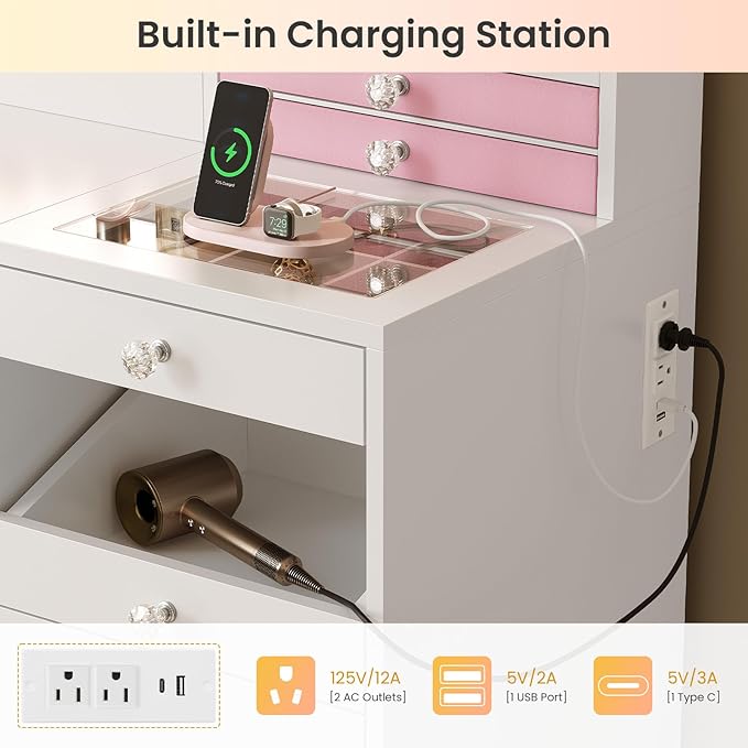 Makeup Vanity Desk with Mirror and Lights & Large LED Cabinet, Vanity Table with 2 Jewelry Boxes, 6 Drawers, and Built-in Shelves, Dressing Table with Power Outlets for Women Girls Bedroom, White