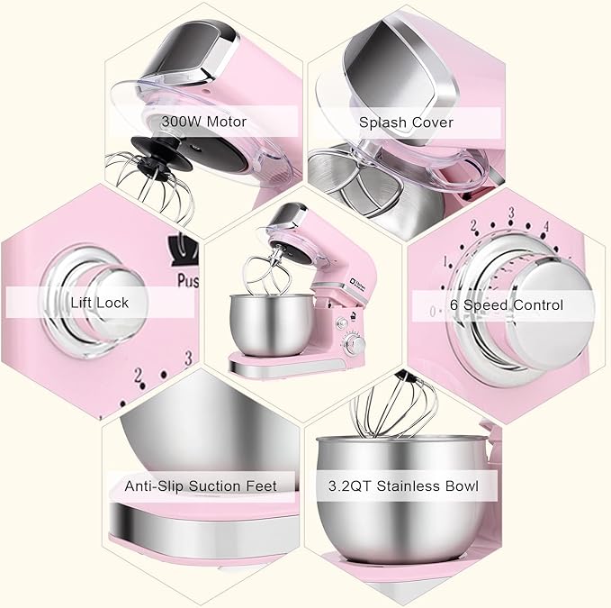 Kitchen in the box Stand Mixer,3.2Qt Small Electric Food Mixer,6 Speeds Portable Lightweight Kitchen Mixer for Daily Use with Egg Whisk,Dough Hook,Flat Beater (Pink)