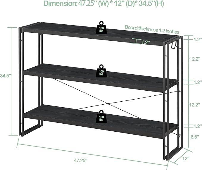 HCHQHS Bookshelf, 3-Tier Industrial Bookcase, Black Open Book Shelf, Freestanding Horizontal Bookshelves with Metal Frame