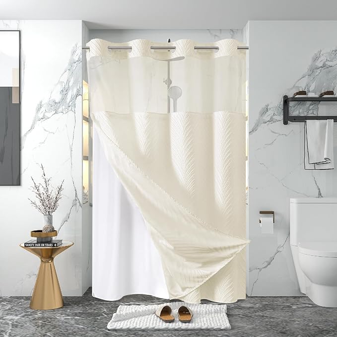 stall no Hook Tufted Shower Curtain with snap in Liner Set, White Waterproof Fabric Inner Liner,Boho Style Shower Curtain with See Through top Window, Cream, 54Wx80H