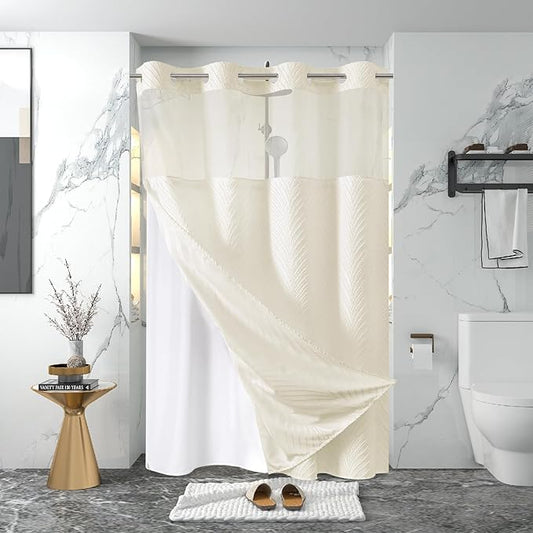 stall no Hook Tufted Shower Curtain with snap in Liner Set, White Waterproof Fabric Inner Liner,Boho Style Shower Curtain with See Through top Window, Cream, 54Wx80H