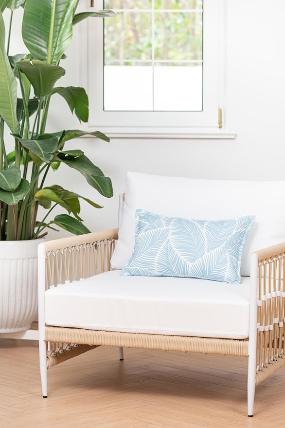 Hofdeco Premium Coastal Hampton Style Patio Indoor Outdoor Lumbar Pillow Cover Only, 12"x20" Water Resistant for Backyard, Couch, Baby Blue Palm Leaf