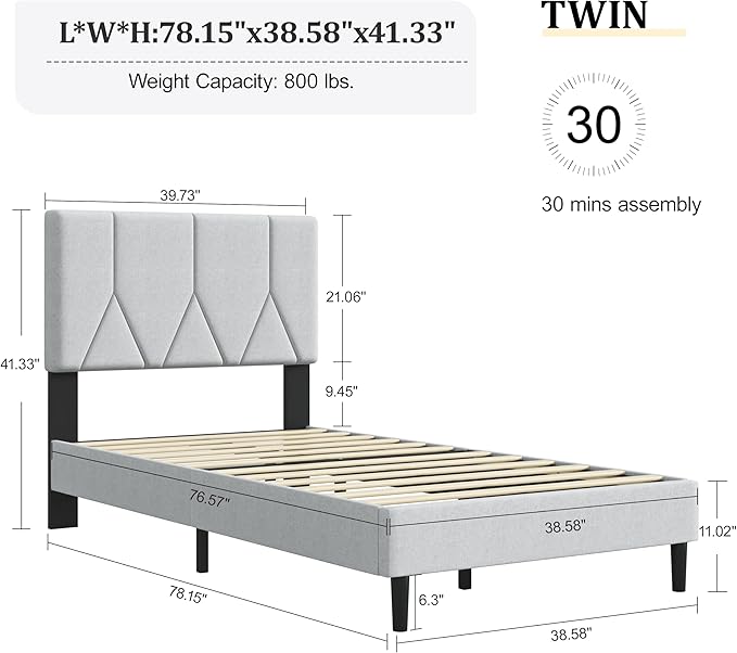 Twin Size Bed Frame, Platform Bed Frame with Velvet Upholstered Headboard, Twin Upholstered Mattress Foundation with Strong Wooden Slats, No Box Spring Needed, Noise Free, Easy Assembly