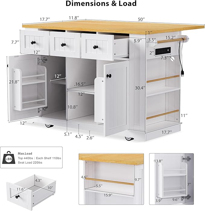 Large Kitchen Island Cart on 5 Wheels with Power Outlet, Drop Leaf, 3 Drawers, Kitchen Storage Cart with 5 Open Side Racks for Kitchen, Dining Room, Home Bar White