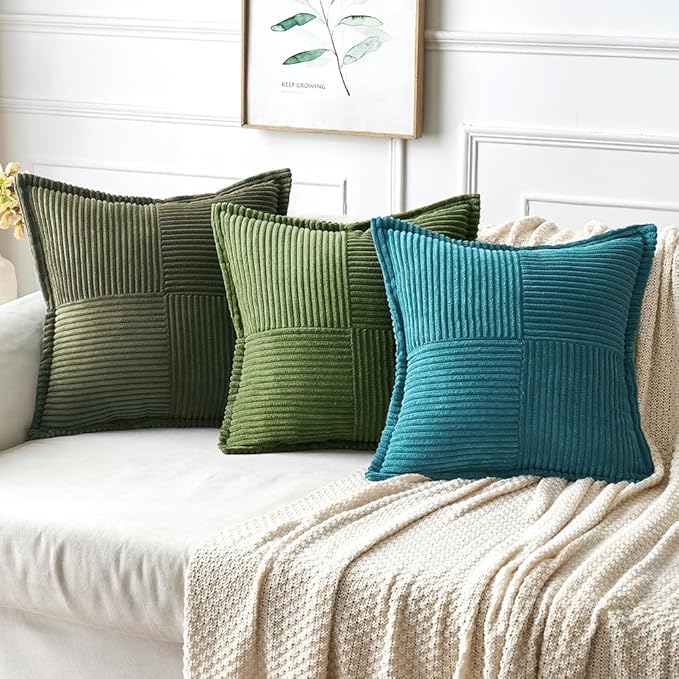 MIULEE Decorative Throw Pillow Covers for Couch Bed Livingroom 16x16 Inch Set of 2 Moss Green Boho Accent Throw Pllows Broadside Striped Patchwork Soft Corduroy Summer Pillowcases
