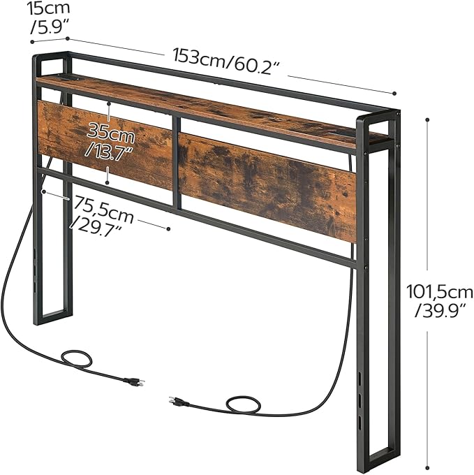 HOOBRO Headboard Queen Size, Headboard with 2 Outlets and 4 USB Ports, Adjustable Height, Storage Rack, Sturdy and Stable, Easy Assembly, Rustic Brown and Black