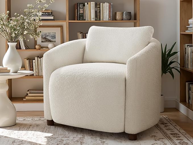 Boucle Accent Barrel Chair, Cloud Reading Chair for Living Room & Bedroom, Furry Sherpa Armchair with Cozy Soft Throw Pillow Back, Comfy Upholstered Lounge Chair, Modern Single Sofa Chair