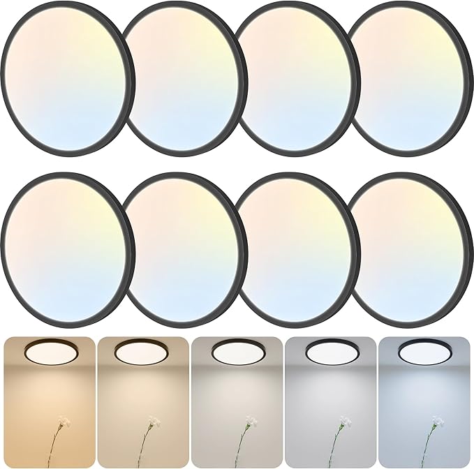 8 Pack 12 Inch LED Flush Mount Ceiling Light, 24W 2640LM 5 CCT Selectable (2700K-6500K), Dimmable Ultra-Thin Round Fixture for Kitchen Bedroom Laundry Hallway, Black