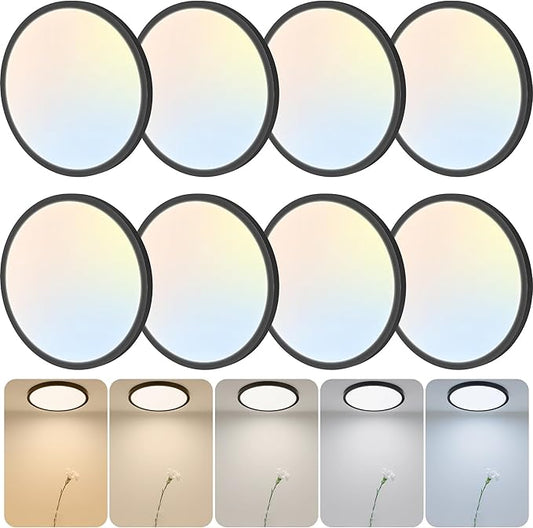8 Pack 12 Inch LED Flush Mount Ceiling Light, 24W 2640LM 5 CCT Selectable (2700K-6500K), Dimmable Ultra-Thin Round Fixture for Kitchen Bedroom Laundry Hallway, Black