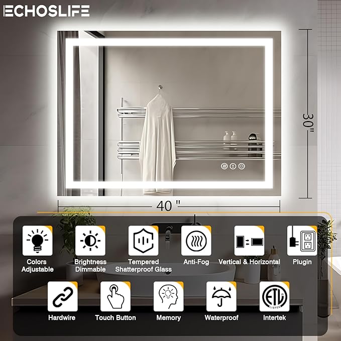 40"x30" LED Lights Bathroom Mirror with Front Lit and Backlit, Anti-Fog Vanity Mirror with Lights, Stepless Dimmable Lighted Mirror, 3 Colors Smart Mirror (Horizontal/Vertical)