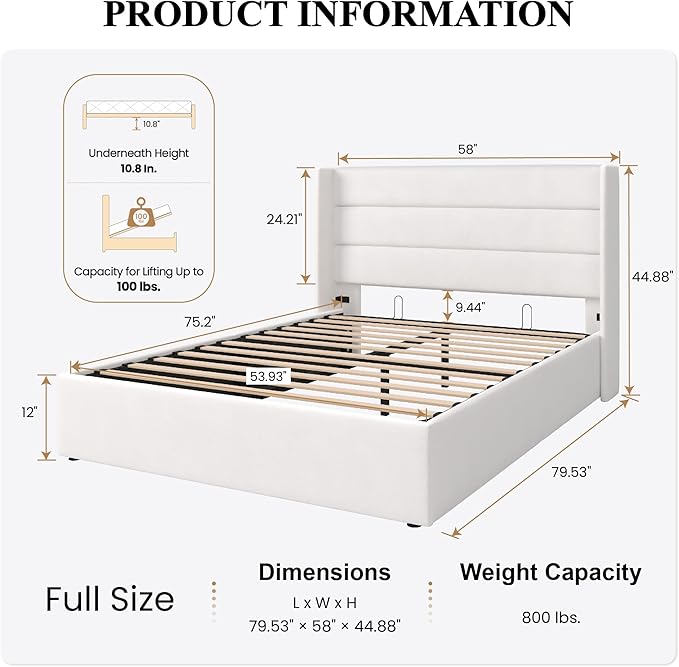 SHA CERLIN Full Size Lift Up Storage Bed/Velvet Upholstered/Modern Wingback Headboard/Upholstered Platform Bed Frame/Hydraulic Storage/No Box Spring Needed/White