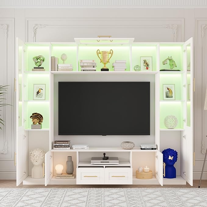 94" Wall Unit Entertainment Center for TVs up to 70", Modern TV Console with LED Lights, Multifunctional TV Stand with Tempered Glass Door, Drawers & Shelves for Living Room, White