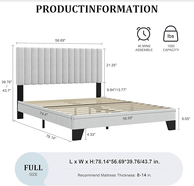 Full Size Bed Frame, Fabric Upholstered Platform Bed with Adjustable Headboard, Sturdy Frame and Wooden Slats, Noiseless, No Box Spring Required, Easy to Assemble, Light Grey