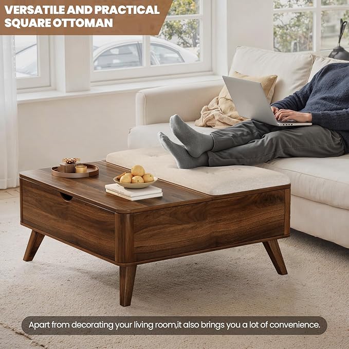 VOPEAK Lift Top Coffee Table with Storage, Large Square Coffee Table with Thickened Cushion, Family Gathering Center Table, Modern Wooden Coffee Tables for Living Room, Solid Wood Legs, Walnut