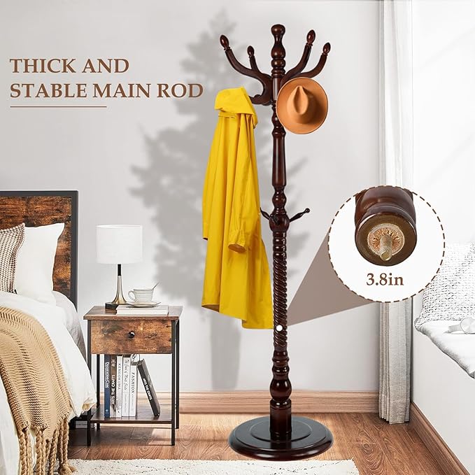 Wood Coat Rack Freestanding, Natural Coats Tree Stand with 14 Hooks, 73" Sturdy and Easy Assembly Coat Rack Stand for Entryway, Hallway, Bedroom, Bags, Hats (Heavy-duty Disc Base, Walnut Color)