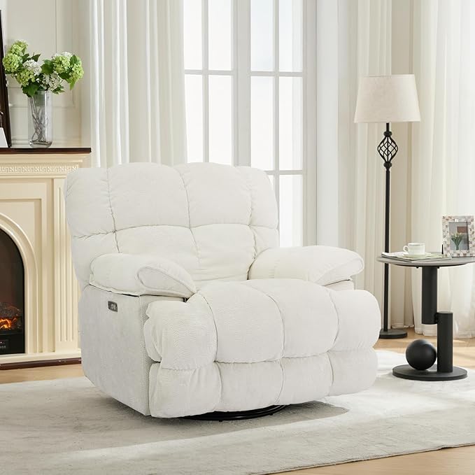 GINGO Power Oversized Recliner Chair, Extra Wide Swivel Rocking Recliner Chair, Breathable Soft Fabric Modern Single Sofa for Living Room, 90°-140° Electric Adjustable Angle, USB & Type-C Port, White
