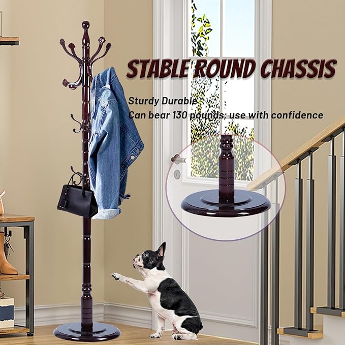 72 in Wood Coat Rack, Coat Rack Freestanding with Stable Round Base, Adjustable Height Tree Coat Racks Stand for Home Bedroom Office Hallway Entryway (Rosewood Ruyi Hook)
