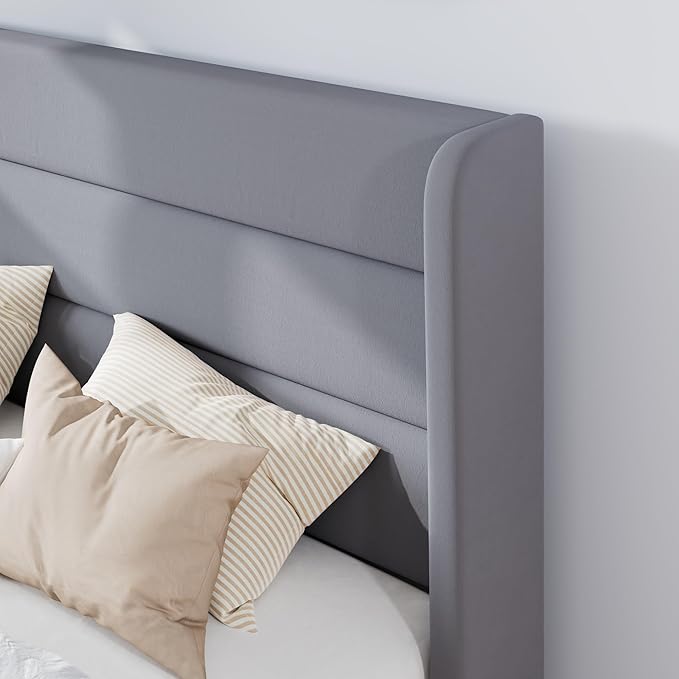 SHA CERLIN Queen Size Velvet Bed Frame/Vertical Channel Tufted Wingback Headboard/Upholstered Platform Bed with Wooden Slats/Mattress Foundation/No Box Spring Needed/Easy Assembly/Grey
