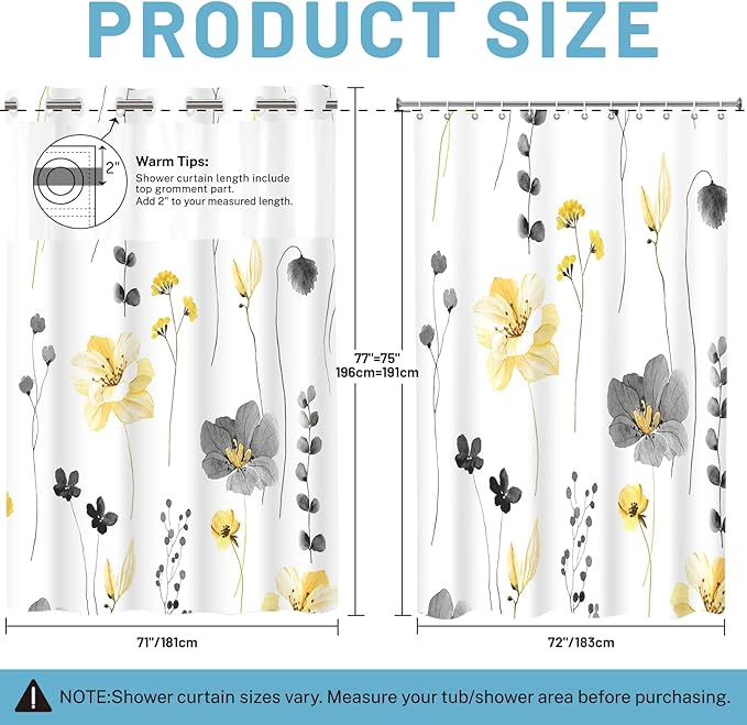No Hook Shower Curtain with Snap in Liner - Floral Shower Curtain - Fabric Waterproof Inner Liner, Plants Watercolor Yellow Gray Modern Cloth Shower Curtains - Machine Washable, 71 x 77
