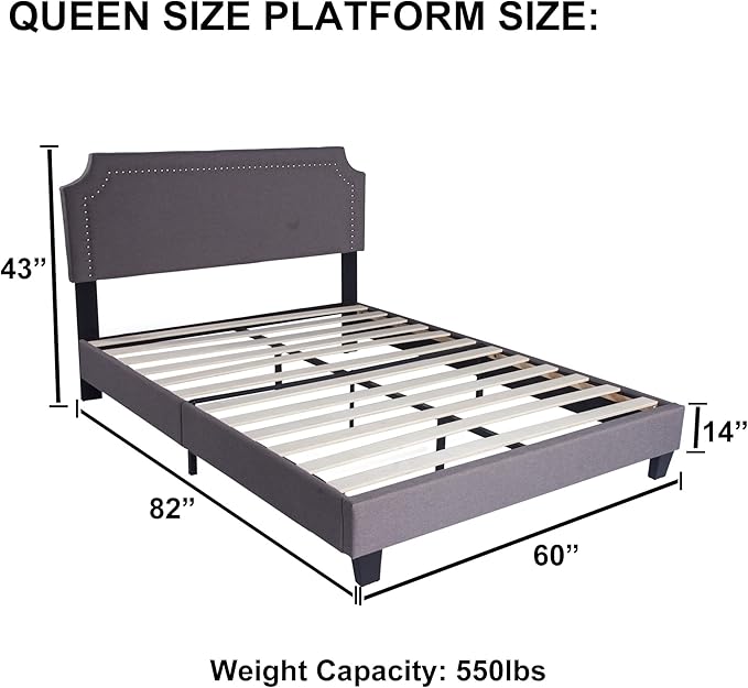 Bed Frame Queen Size, Upholstered Platform with Tufted Headboard Mattress Foundation with Wooden Slats Full for Bedroom School Students Kids Adults Storage Under 500lbs (Grey Fabric, Queen)