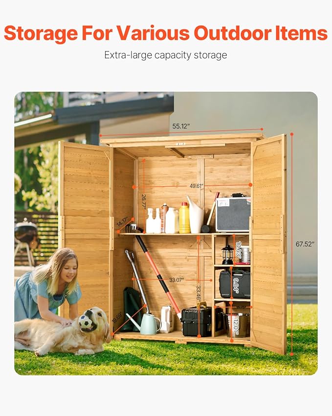 VEVOR Outdoor Storage Shed, Large Wooden Outside Storage Cabinet with Waterproof Roof and Metal Frame, Double Lockable Doors Garden Tool Shed Storage House Cabinet with Shelves, 55.1"x23.6"x67.5"