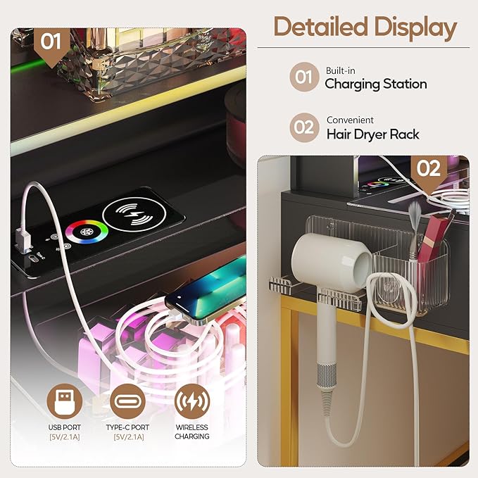 RGB Vanity Desk with Mirror and Lights, Glass Top Makeup Vanity with 6 Drawers & Wireless Charging,Vanity Table Set with RGB Cabinet Light and Jewelry Box, for Girls Bedroom,Black